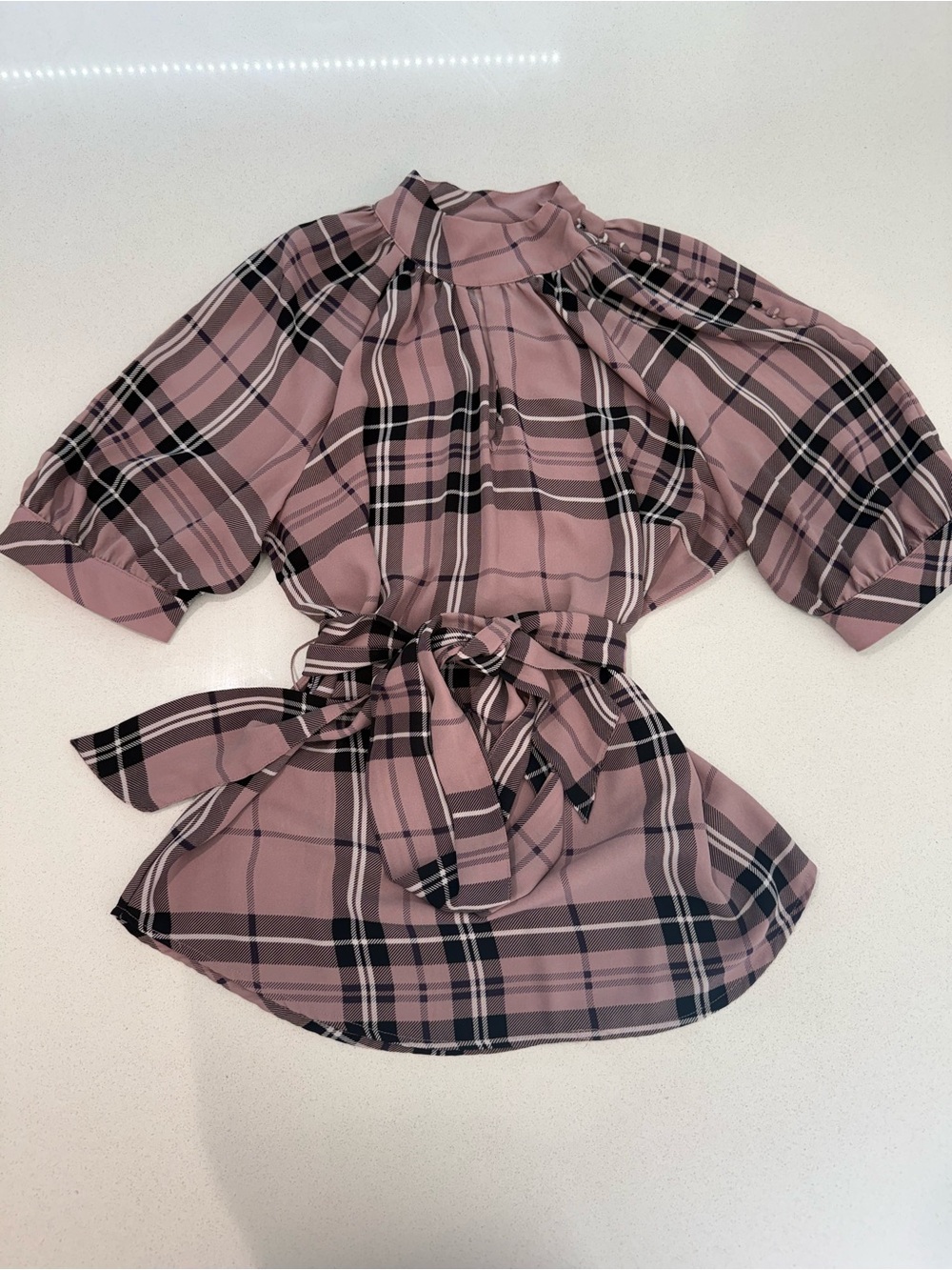 Women Pink Plaid Belted Blouse